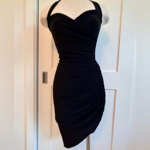 Norma Kamali Black Stretch Bodycon Ruched “Kayla” Halter Dress